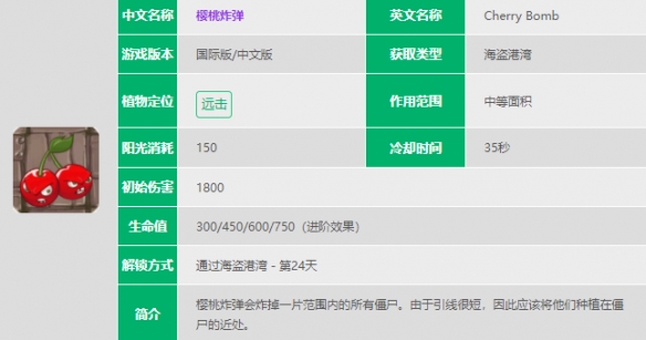 《植物大战僵尸2》樱桃炸弹怎么样 樱桃炸弹数据图鉴大全